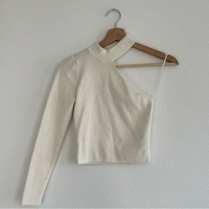 White High Neck Asymmetrical Long Sleeve.